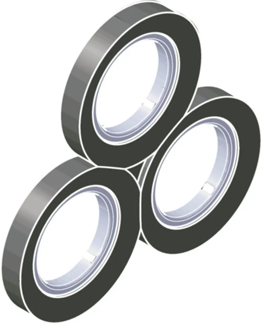Drei schwarze Dichtungen mit einer glatten Oberfläche und einem Innenrand, platziert in einem dreidimensionalen Layout. Produkt von Hansgrohe.